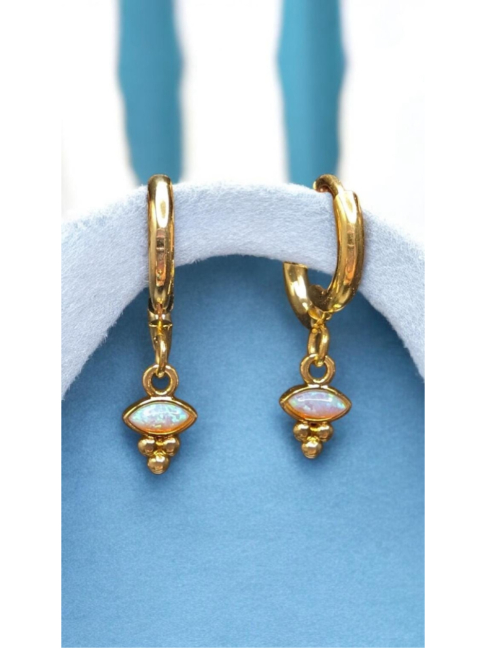 Gold Opal Huggie Earrings, Lab Created Opal Charm Hoops, 14k Gold Plated Drop